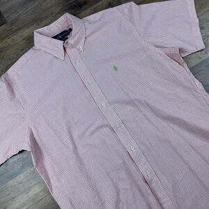 Ralph Lauren Shirt Large Striped Button Down Short‎ Sleeve Classic Fit Salmon